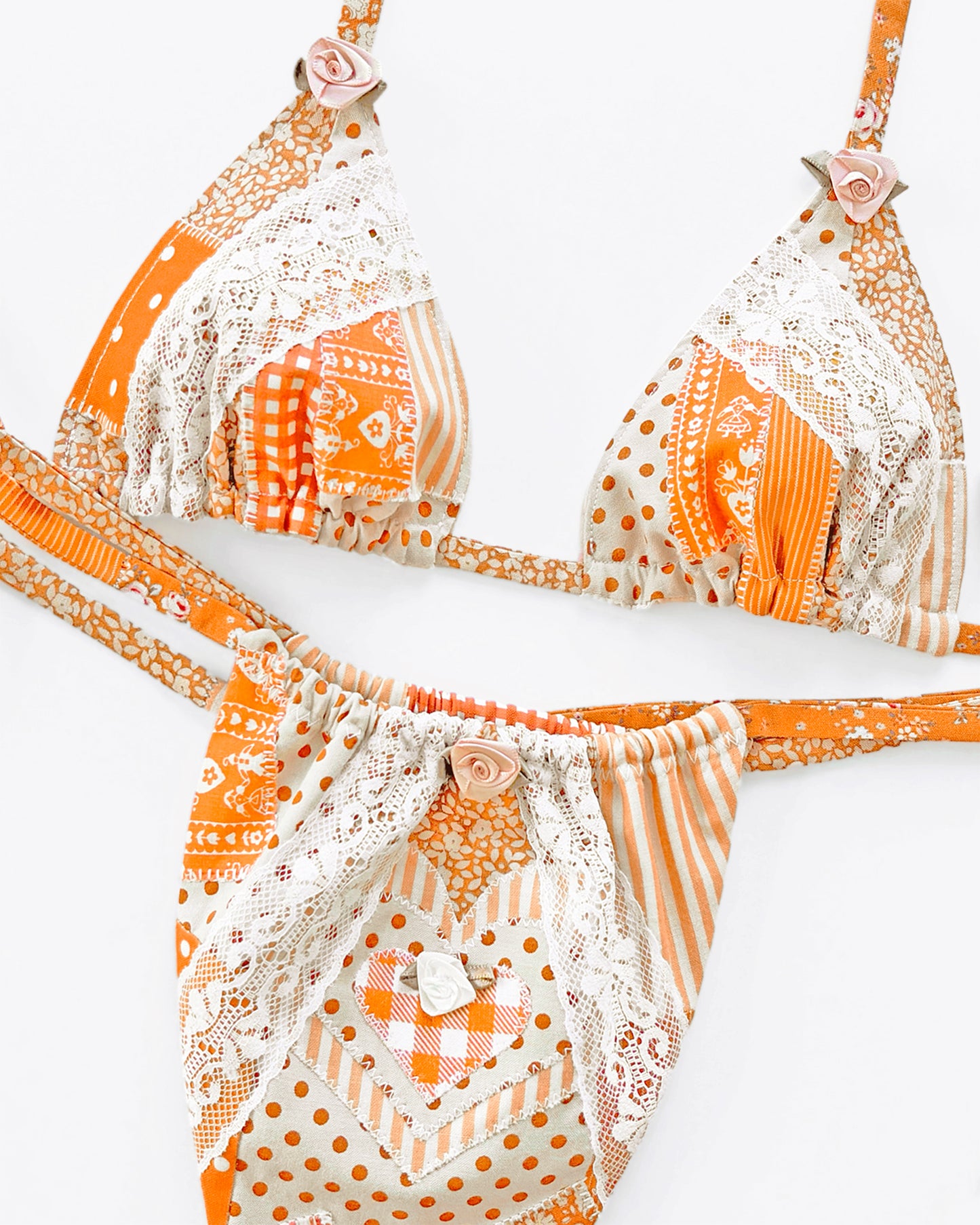 patchwork orange bikini by billie brooks with heart patch