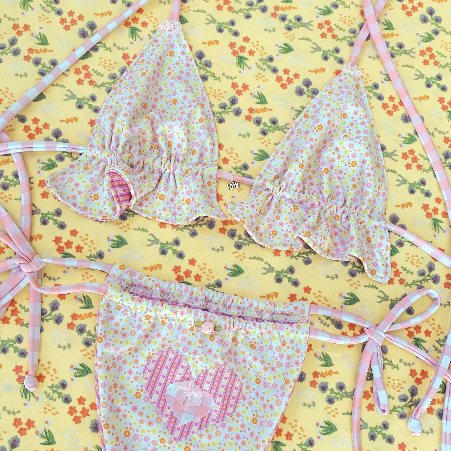 The Emma Bikini; ruffle trim flower bikini top with gingham straps
